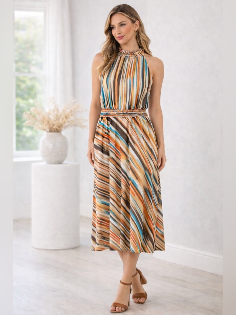 Veronica M Boho Retro Multicolor Striped Sleeveless Hi-Lo/Maxi Dress Large EUC